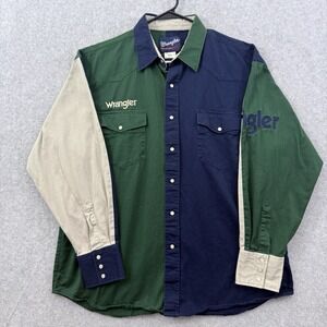 Wrangler Shirt Mens XL Blue Green Beige Pearl Snap Colorblock Western Cowboy